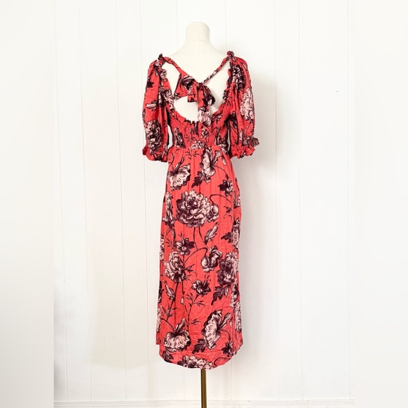 By Anthropologie Puff-Sleeve Smocked Floral Midi Dress Size Large Red - Picture 6 of 8